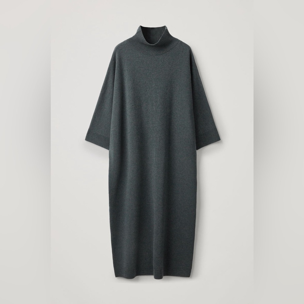 COS 100% Wool High Neck Speckled Midi Dress Size XS Chic Minimal Oversized Boxy